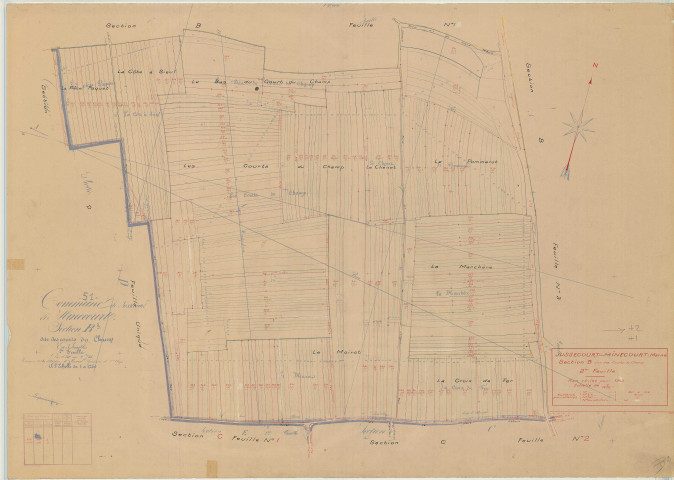 Jussecourt-Minecourt (51311). Section B2 échelle 1/1250, plan mis à jour pour 1940, plan non régulier (papier)