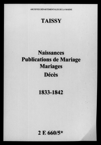 Taissy. Naissances, publications de mariage, mariages, décès 1833-1842