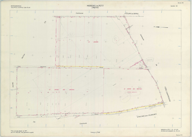 Val-des-Marais (51158). Morains (51383). Section ZE échelle 1/2000, plan remembré pour 1971 (extension Pierre-Morains section ZC), plan régulier (papier armé)