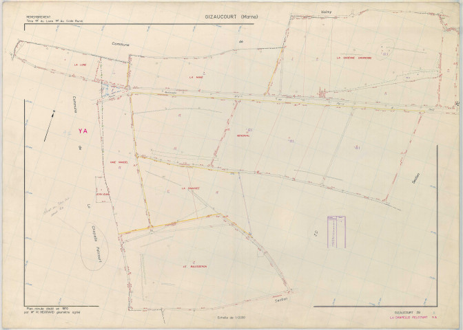 Gizaucourt (51274). Section ZB échelle 1/2000, plan remembré pour 1970 (extension sur la Chapelle-Felcourt section YA), plan régulier (papier armé)