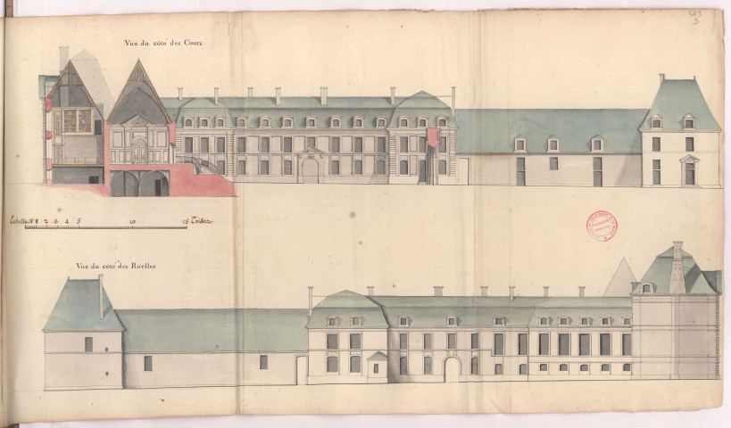 Plans des bâtiments du palais archiépiscopal, dit le Palais du Tau, à Reims : vue du coté des cours et vue du coté des ruelles 1754