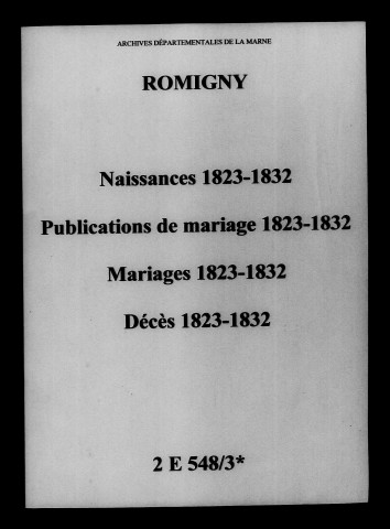 Romigny. Naissances, publications de mariage, mariages, décès 1823-1832