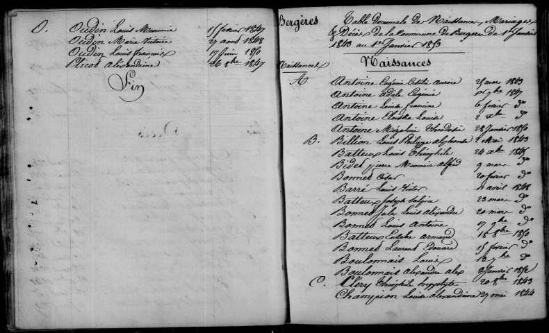 Bergères-lès-Vertus. Table décennale 1843-1852