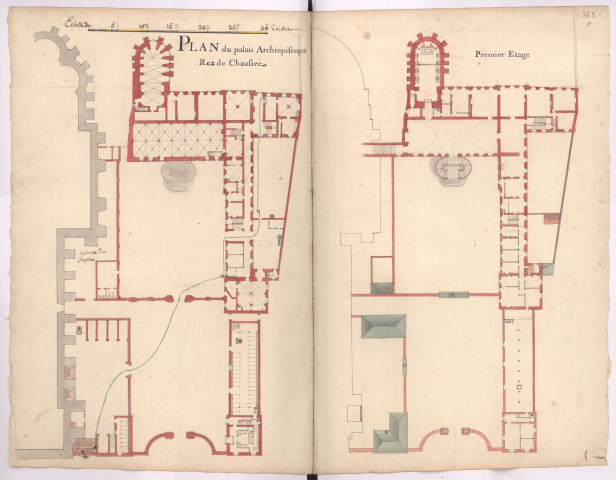 Plan du palais archiépiscopal, dit le Palais du Tau, à Reims : plans du rez-de-chaussée et du 1er étage 1754