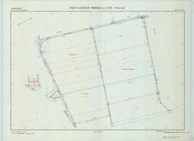 Pontfaverger-Moronvilliers (51440). Section ZH échelle 1/2000, plan remembré pour 1994, plan régulier de qualité P5 (calque).