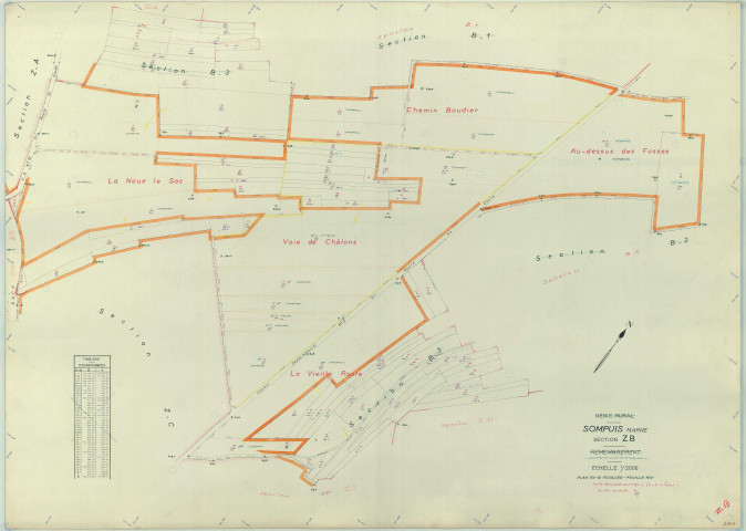Sompuis (51550). Section ZB échelle 1/2000, plan remembré pour 1962, plan régulier (papier armé)