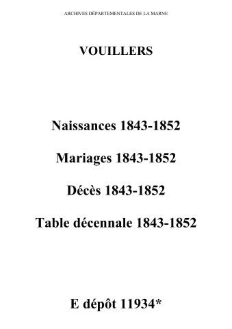 Vouillers. Naissances, mariages, décès et tables décennales des naissances, mariages, décès 1843-1852