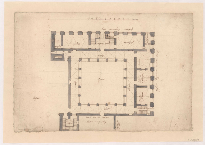 Abbaye de Huiron, plan du batiment du cloître rez de chaussée, 1714.