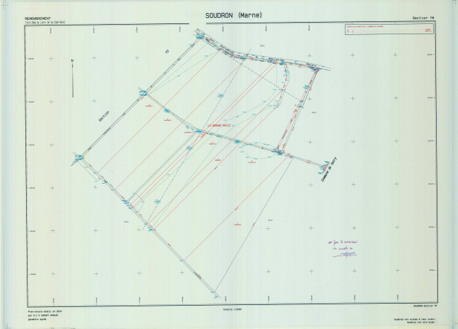 Soudron (51556). Section YM échelle 1/2000, plan remembré pour 2004, plan régulier (calque)