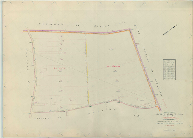 Moncetz-l'Abbaye (51373). Section ZA échelle 1/2000, plan remembré pour 1959, plan régulier (papier armé)