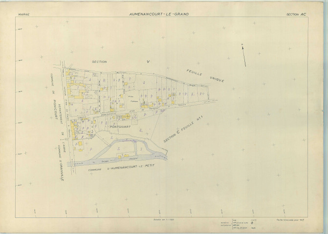 Auménancourt (51025). Section AC échelle 1/1000, plan renouvelé pour 1959, ancienne commune Aumenancourt le grand, plan régulier (papier armé).