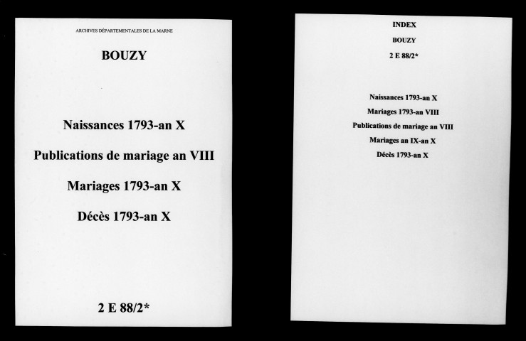Bouzy. Naissances, mariages, décès, publications de mariage 1793-an X