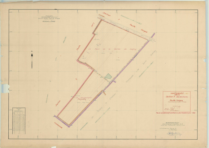 Matougues (51357). Section X échelle 1/2000, plan remembré pour 1953 (ancienne section C1), plan régulier (papier)