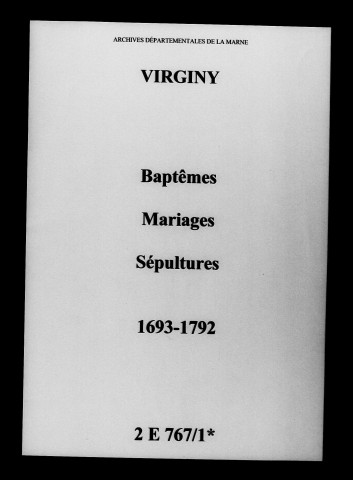 Virginy. Baptêmes, mariages, sépultures 1693-1792
