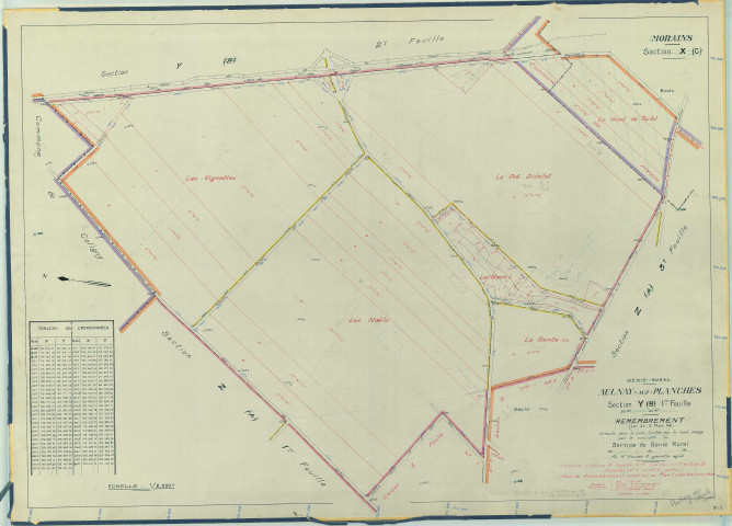 Val-des-Marais (51158). Aulnay-aux-Planches (51021). Section Y1 échelle 1/2000, plan remembré pour 1956 (anciennes sections A1,B1 et B2 ), plan régulier (papier armé)