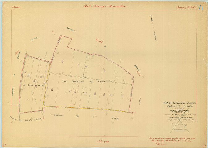 Pontfaverger-Moronvilliers (51440). Section Y1 échelle 1/2000, plan remembré pour 1955, plan régulier (papier).