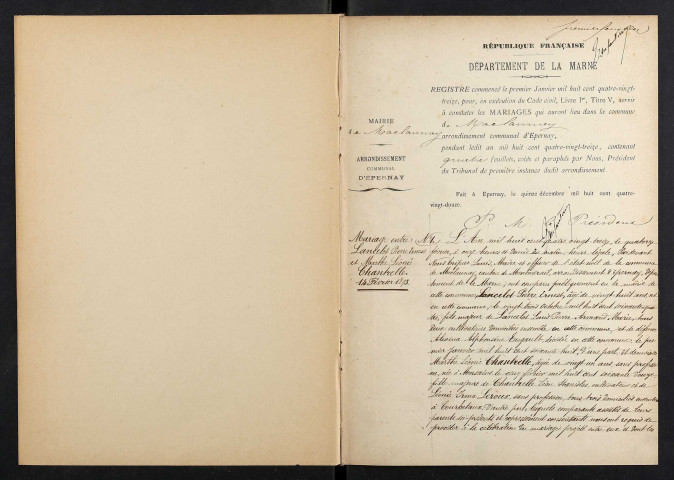 Maclaunay. Mariages 1893-1929