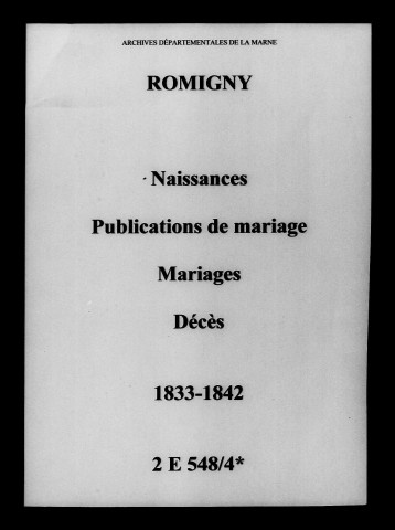 Romigny. Naissances, publications de mariage, mariages, décès 1833-1842
