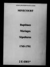 Minecourt. Baptêmes, mariages, sépultures 1745-1791