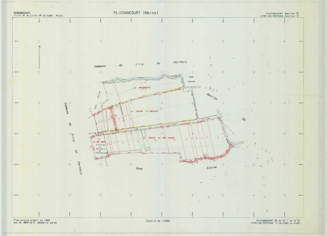 Plichancourt (51433). Section ZE échelle 1/2000, plan remembré pour 1989 (extension sur Vitry-en-Perthois section E), plan régulier (calque)