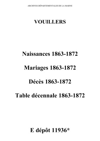 Vouillers. Naissances, mariages, décès et tables décennales des naissances, mariages, décès 1863-1872