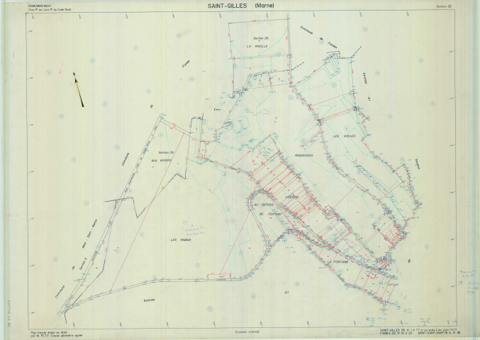 Saint-Gilles (51484). Section ZB échelle 1/2000, plan remembré pour 1993, contient une extension sur Fismes ZN et sur Mont-Saint-Martin A, plan régulier de qualité P5 (calque).
