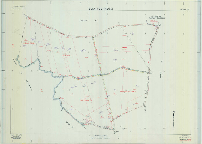 Éclaires (51222). Section ZA échelle 1/2000, plan remembré pour 1982 (extension sur Le Chemin section ZA et Passavant-en-Argonne section ZH), plan régulier (calque)