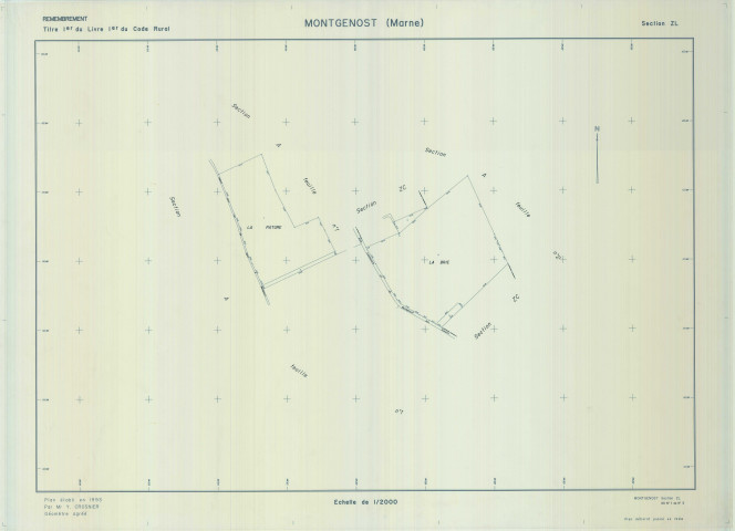 Montgenost (51376). Section ZL échelle 1/2000, plan renouvelé pour 01/01/1964, régulier avant 20/03/1980 (calque)