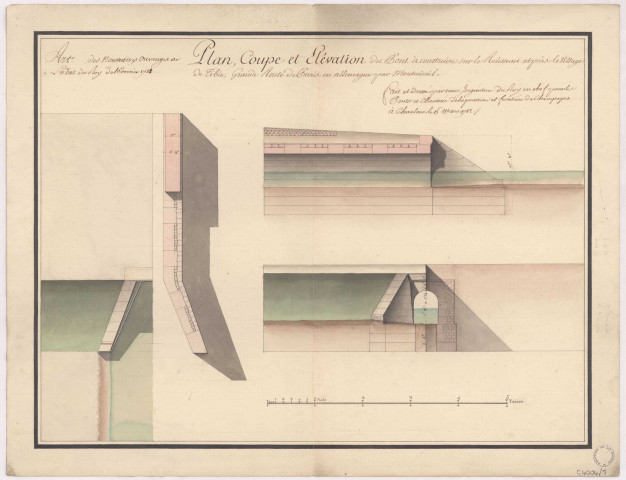 Plan coupe et élévation du pont à construire sur le ruisseau et près le village de Tibie grande route de Paris en Allemagne par Montmirail, 1782.