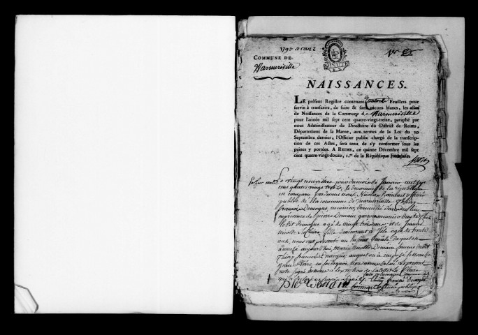 Warmeriville. Naissances, publications de mariage, mariages, décès 1793-an X
