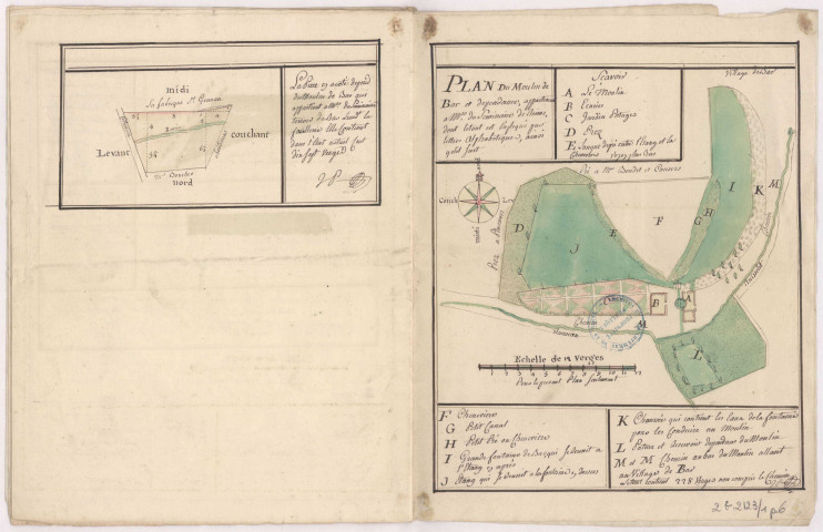 Cahier d'arpentage général de la seigneurie d'Aricourt Harricourt, Ardennes : plans du moulin de Bar et dépendances (1786)