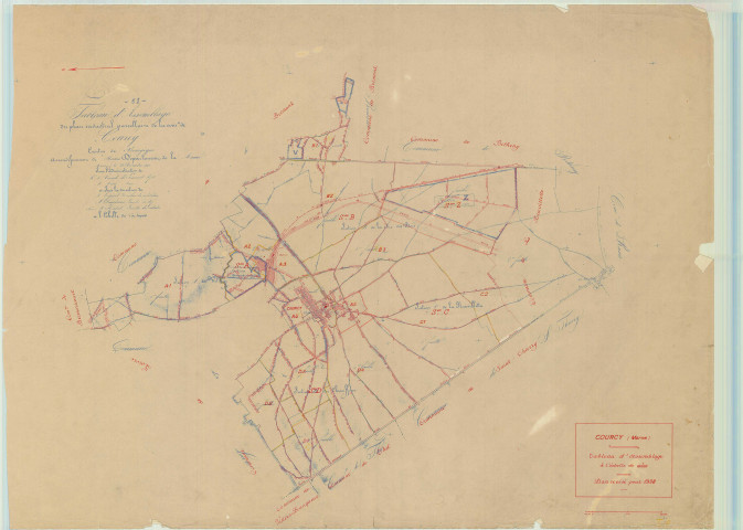 Courcy (51183). Tableau d'assemblage échelle 1/10000, plan pour 1938, (papier).