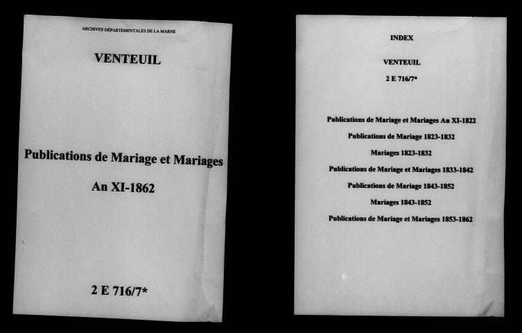 Venteuil. Publications de mariage, mariages an XI-1862