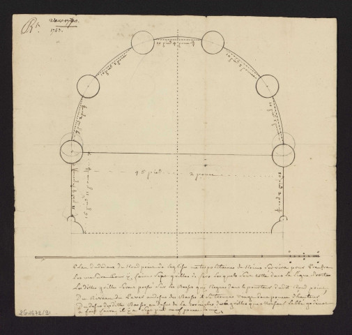 Plan du rond-point de la cathédrale de Reims pour réaliser sept grilles autour du chœur, 1743.