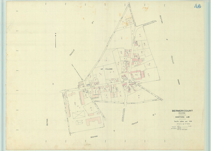 Berméricourt (51051). Section AB échelle 1/1000, plan refait pour 1955, plan régulier (papier).