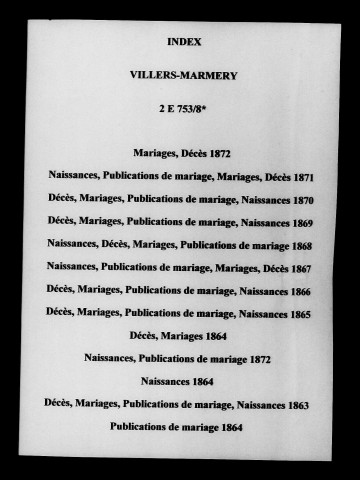 Villers-Marmery. Naissances, mariages, décès, publications de mariage 1863-1872
