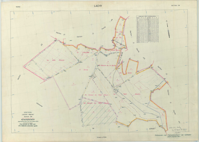 Lachy (51313). Section ZM échelle 1/2000, plan remembré pour 01/01/1968, régulier avant 20/03/1980 (papier armé)