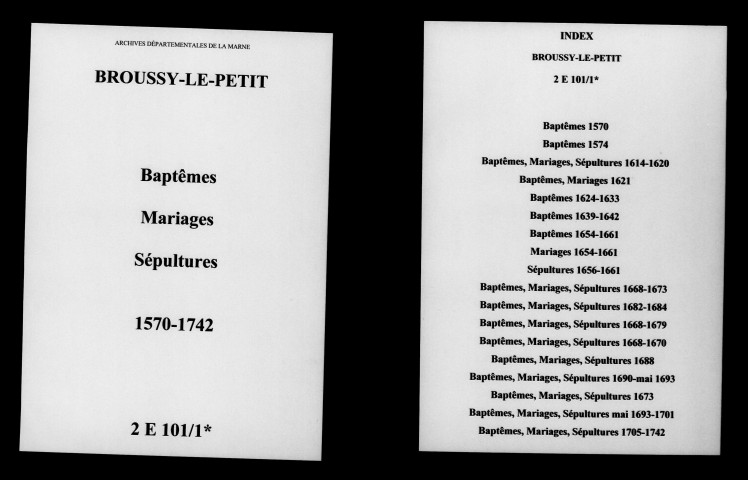 Broussy-le-Petit. Baptêmes, mariages, sépultures 1570-1742