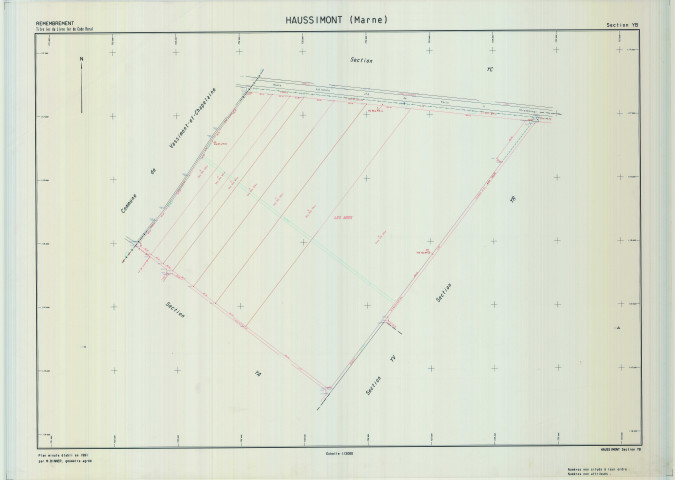 Haussimont (51285). Section YB échelle 1/2000, plan remembré pour 01/01/1991, plan régulier de qualité P5 (calque)
