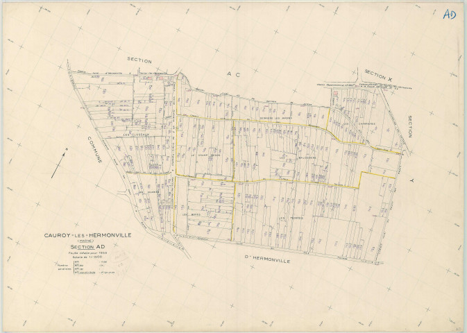 Cauroy-lès-Hermonville (51102). Section AD échelle 1/1000, plan refait pour 1955, plan régulier (papier).
