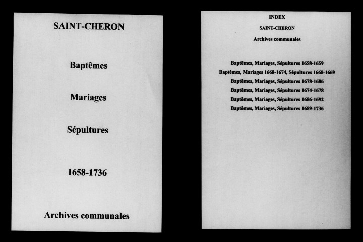Saint-Chéron. Baptêmes, mariages, sépultures 1658-1736