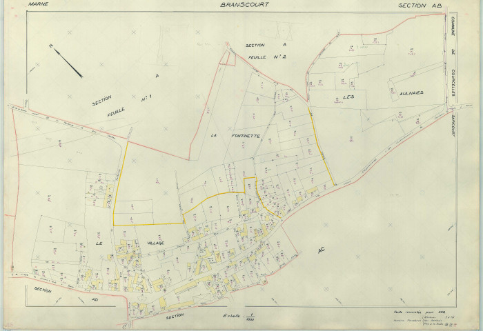 Branscourt (51081). Section AB échelle 1/1000, plan renouvelé pour 1965, plan régulier (papier armé).