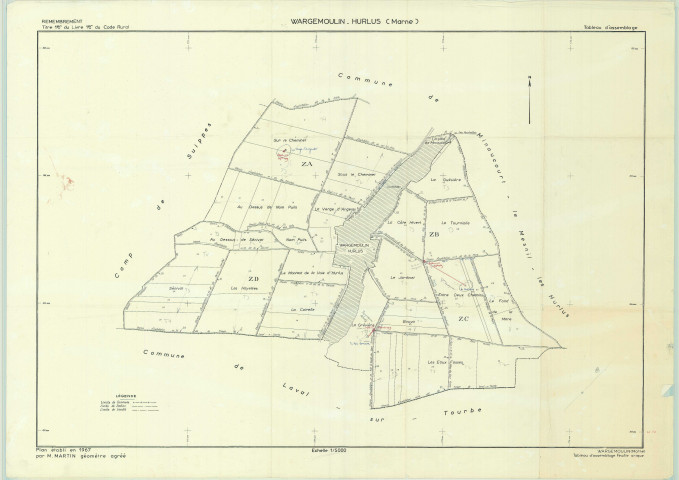 Wargemoulin-Hurlus (51659). Tableau d'assemblage échelle 1/5000, plan remembré pour 1967, plan régulier (papier)