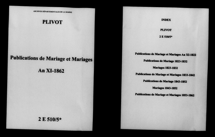 Plivot. Publications de mariage, mariages an XI-1862