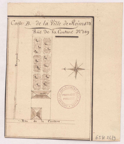 Plan de la ville de Reims, carte B, maisons du domaine de la commanderie du Temple (XVIIIe s.) : n° 3, rue de la Couture n° 389