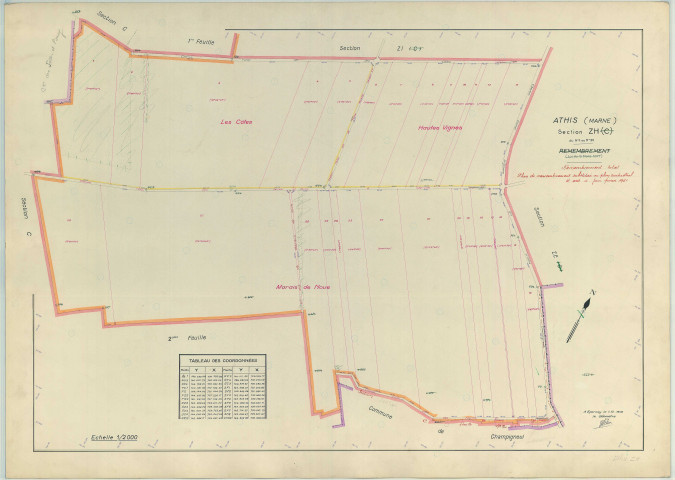 Athis (51018). Section ZH échelle 1/2000, plan remembré pour 1958 (mis à jour en 1961), plan régulier (papier armé)