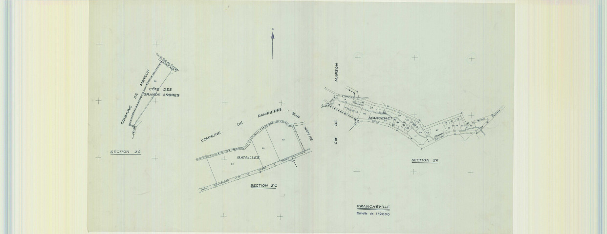 Francheville (51259). Section ZA ZC ZK échelle 1/2000, plan remembré pour 1966 (contient une extension sur sections ZC et ZK), plan régulier (calque)