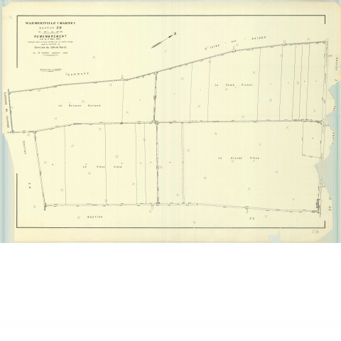 Warmeriville (51660). Section ZB-2 échelle 1/2000, plan remembré pour 1974, plan régulier (papier armé).
