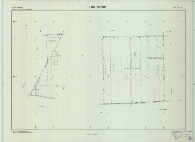 Faux-Fresnay (51243). ZP échelle 1/2000, plan remembré pour 01/01/1983, plan régulier de qualité P5. Contient une partie de la section ZL Courcemain (n°2 et 3) (calque)