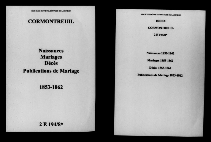 Cormontreuil. Naissances, mariages, décès, publications de mariage 1853-1862